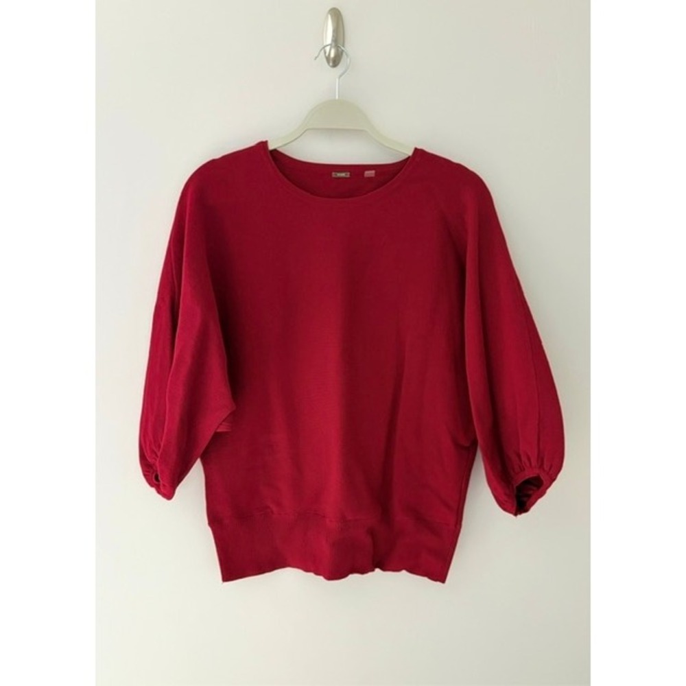 Tahari Red Fine Knit Sweater XL 3/4 Puff Sleeve Boat Neck Ribbed Hem Top